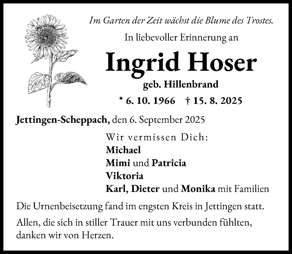 Traueranzeige von Ingrid Hoser von Günzburger Zeitung, Mittelschwäbische Nachrichten