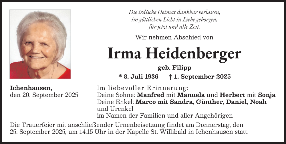 Traueranzeige von Irma Heidenberger von Günzburger Zeitung
