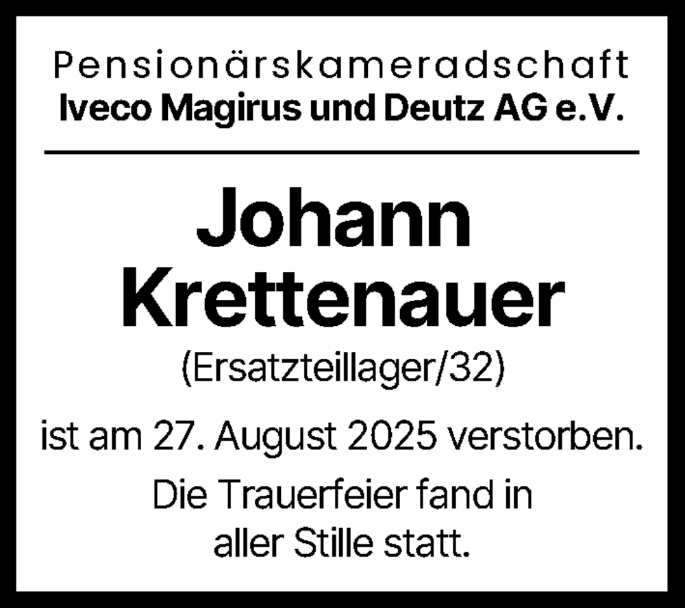 Traueranzeige von Johann Krettenauer von Neu-Ulmer Zeitung, Günzburger Zeitung, Illertisser Zeitung