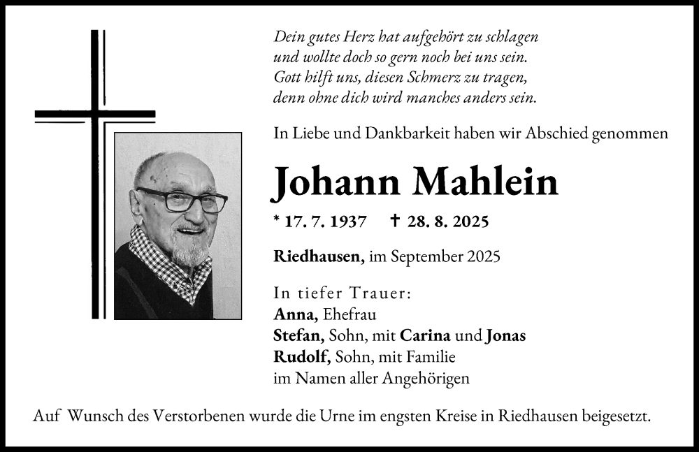 Traueranzeige von Johann Mahlein von Günzburger Zeitung