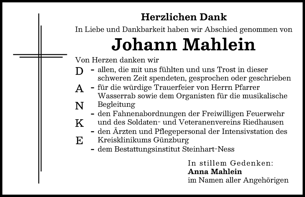 Traueranzeige von Johann Mahlein von Günzburger Zeitung