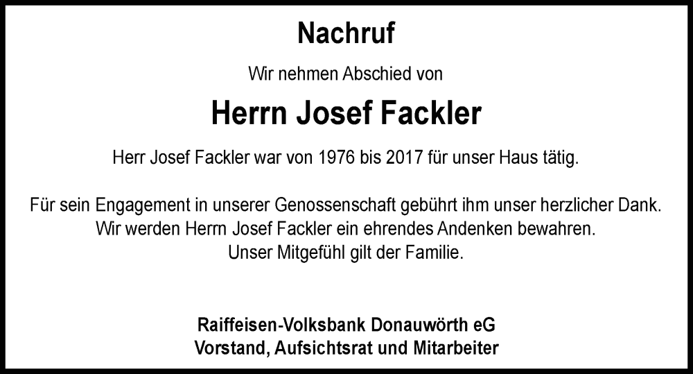 Traueranzeige von Josef Fackler von Donauwörther Zeitung