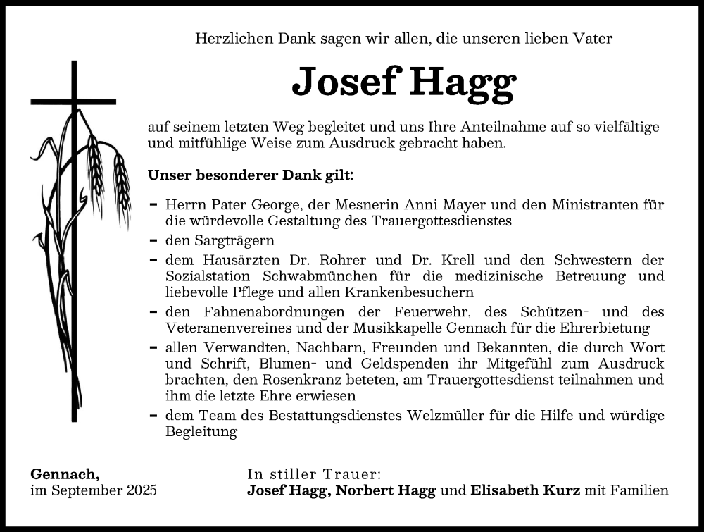Traueranzeige von Josef Hagg von Schwabmünchner Allgemeine