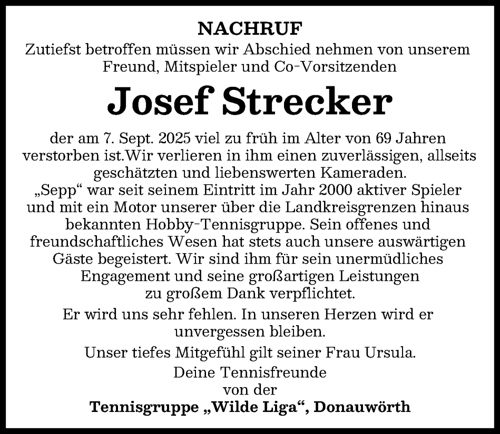  Traueranzeige für Josef Strecker vom 17.09.2025 aus Donauwörther Zeitung
