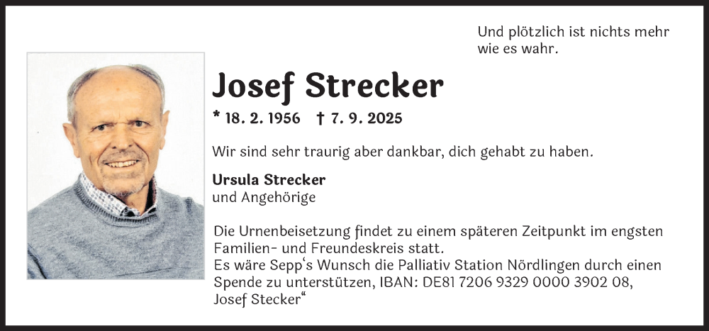  Traueranzeige für Josef Strecker vom 13.09.2025 aus Donauwörther Zeitung
