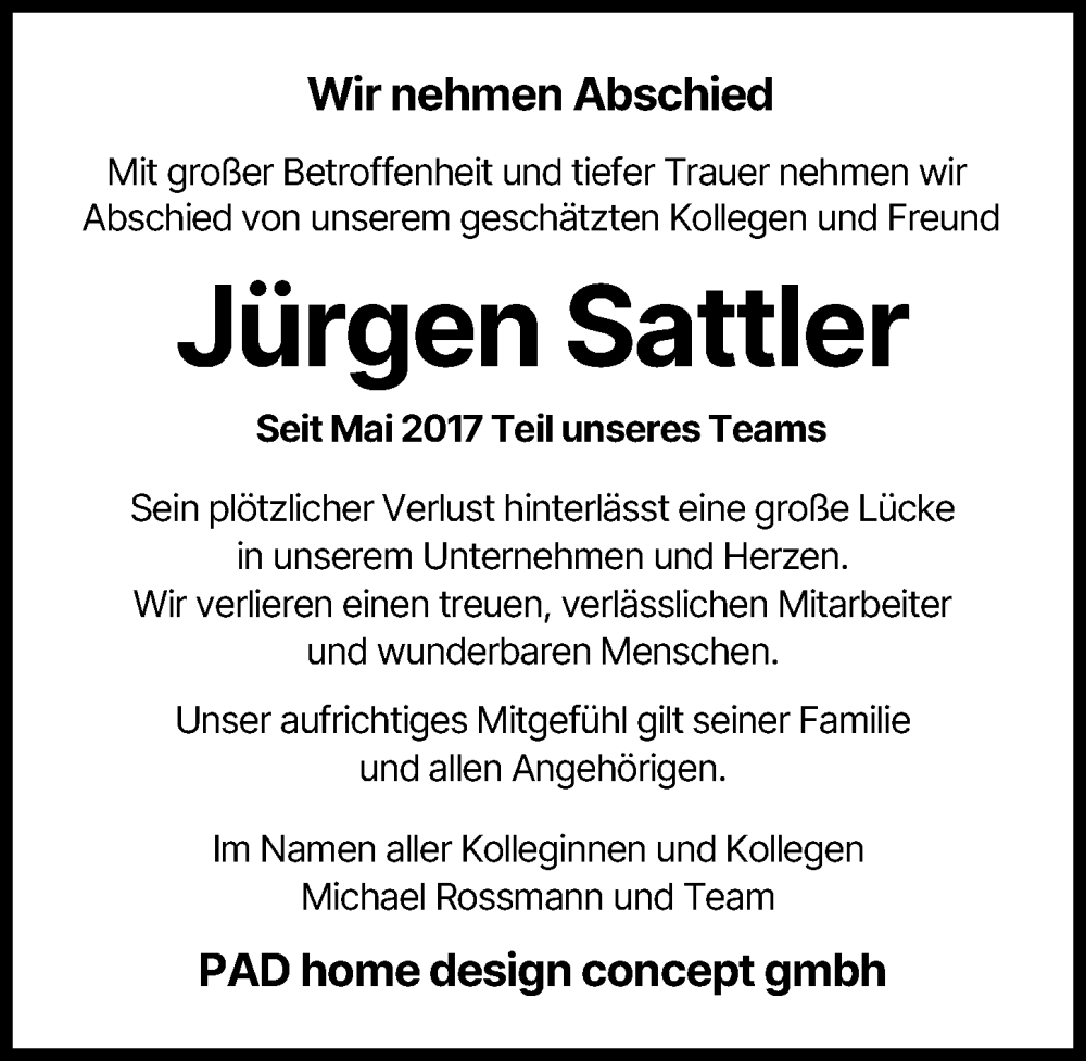 Traueranzeige von Jürgen Sattler von Donauwörther Zeitung