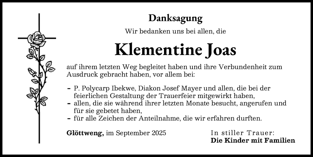Traueranzeige von Klementine Joas von Günzburger Zeitung