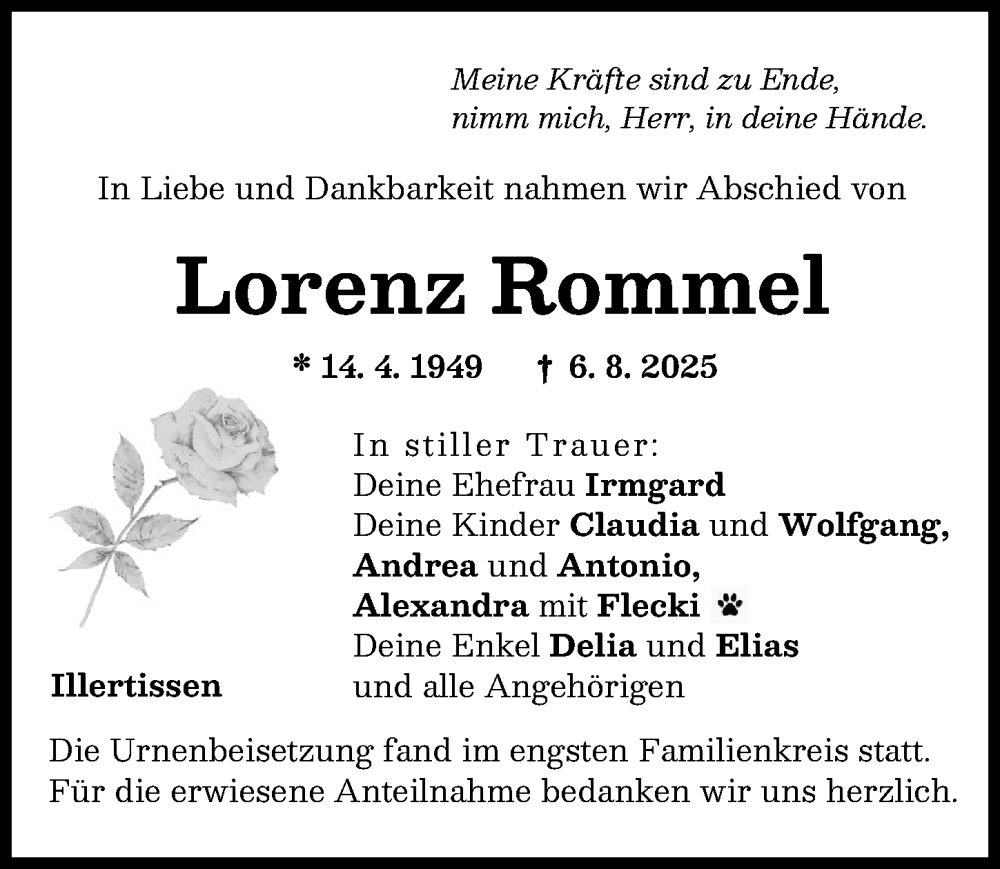  Traueranzeige für Lorenz Rommel vom 05.09.2025 aus Illertisser Zeitung