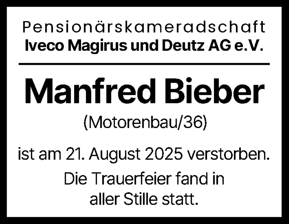  Traueranzeige für Manfred Bieber vom 19.09.2025 aus Neu-Ulmer Zeitung, Günzburger Zeitung, Illertisser Zeitung