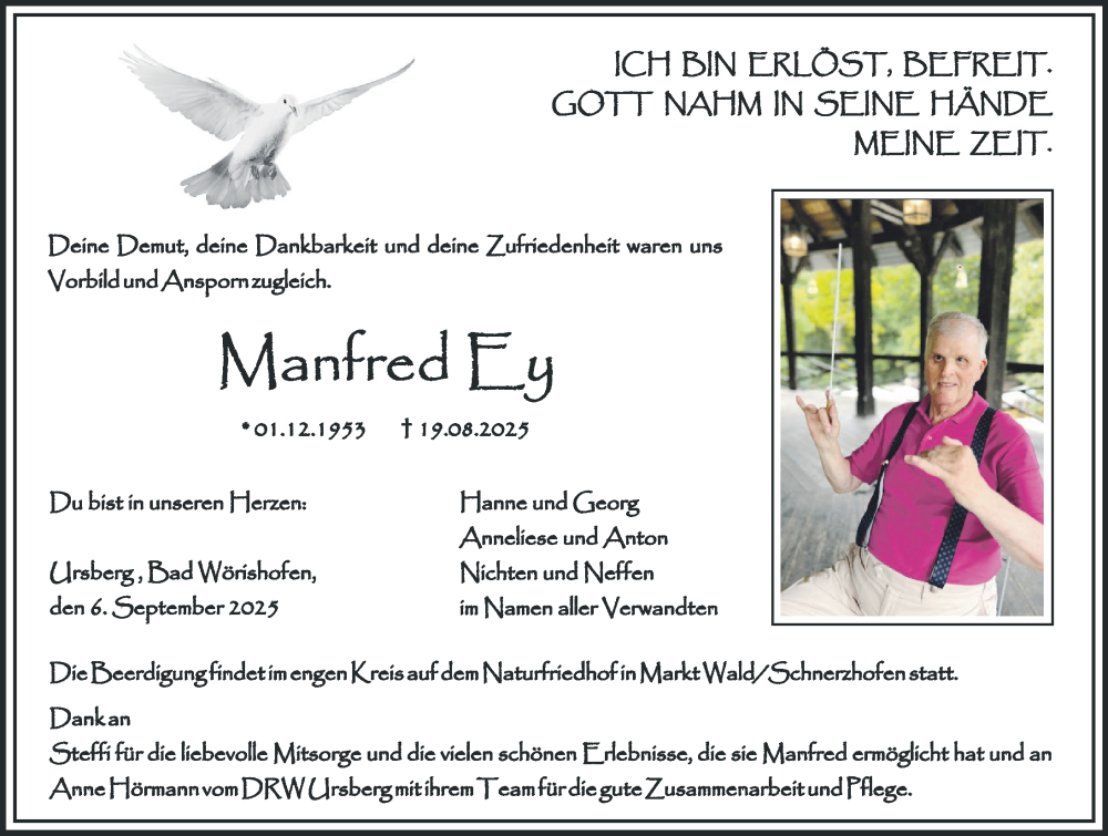 Traueranzeige von Manfred Ey von Mindelheimer Zeitung, Schwabmünchner Allgemeine