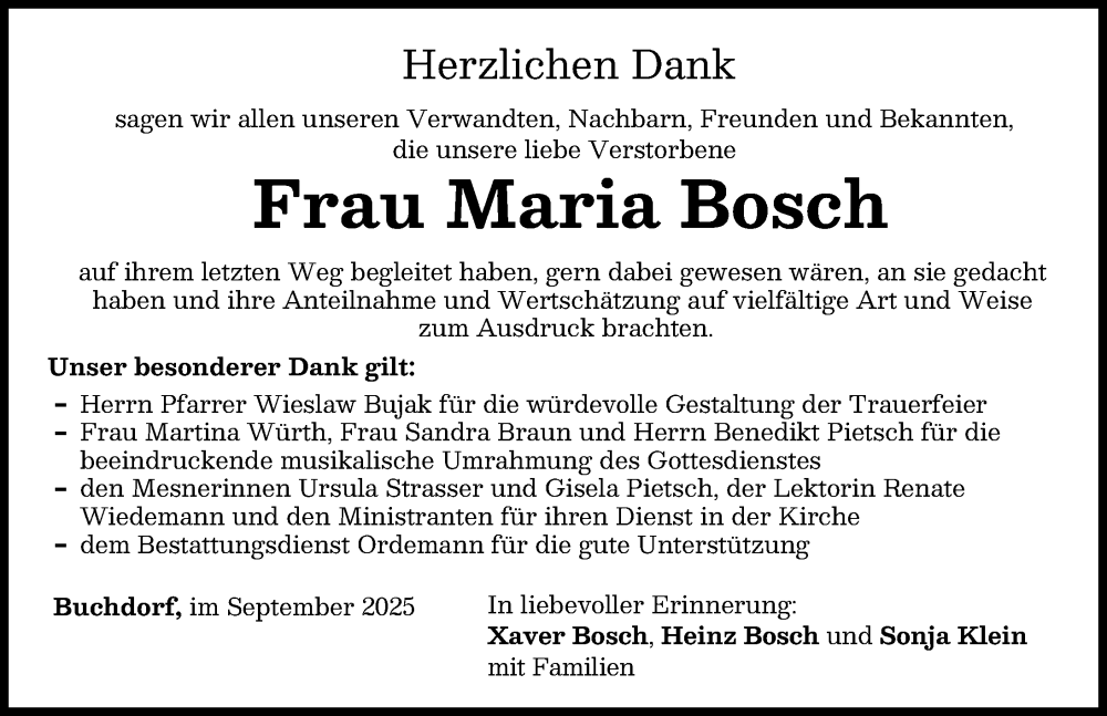 Traueranzeige von Maria Bosch von Donauwörther Zeitung