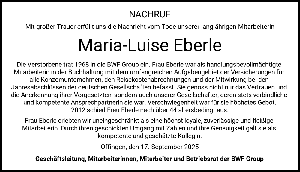 Traueranzeige von Maria-Luise Eberle von Günzburger Zeitung, Donau Zeitung