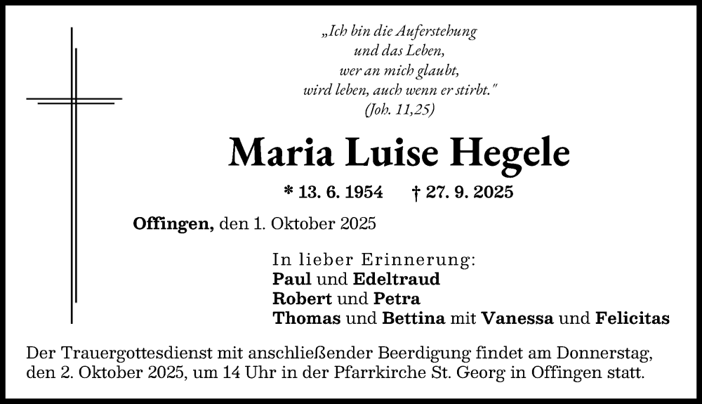 Traueranzeige von Maria Luise Hegele von Günzburger Zeitung