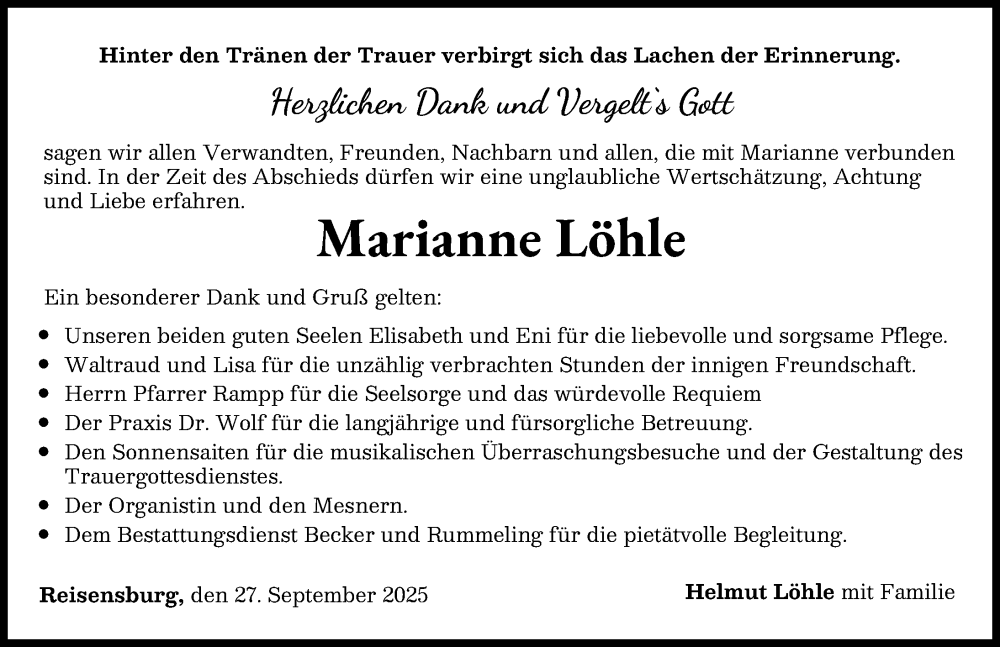Traueranzeige von Marianne Löhle von Günzburger Zeitung