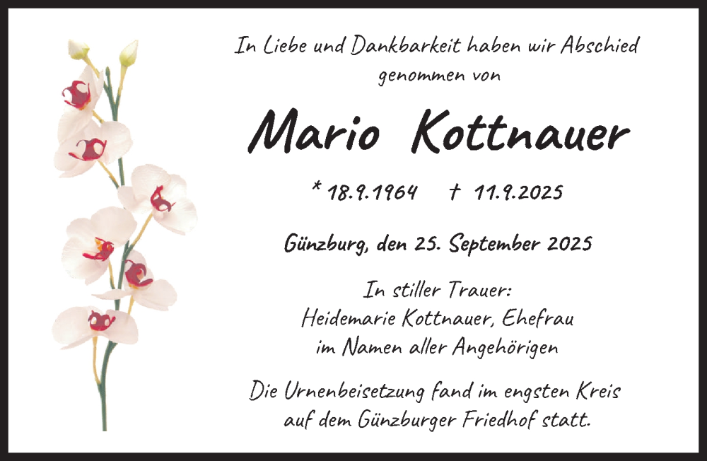 Traueranzeige von Mario Kottnauer von Günzburger Zeitung