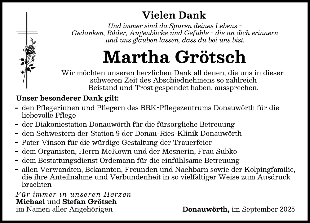 Traueranzeige von Martha Grötsch von Donauwörther Zeitung