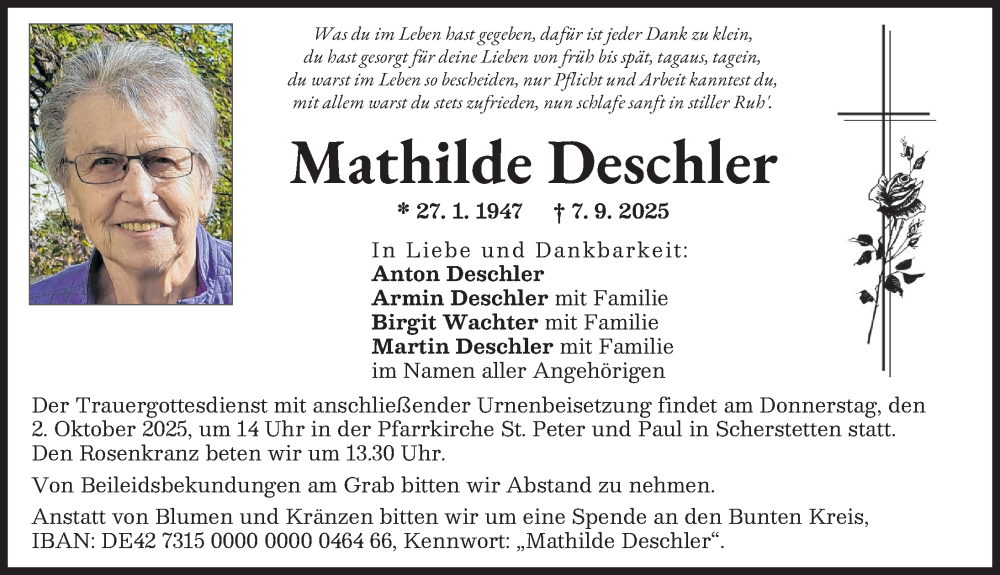 Traueranzeige von Mathilde Deschler von Schwabmünchner Allgemeine