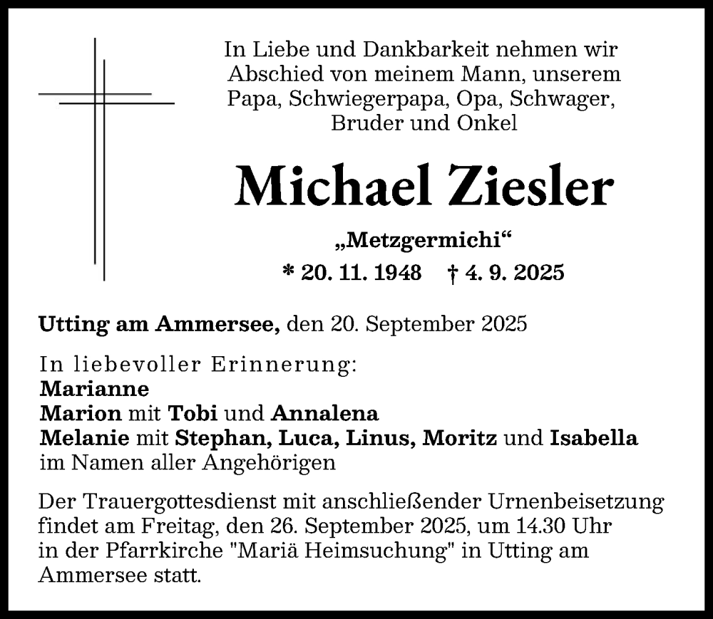  Traueranzeige für Michael Ziesler vom 20.09.2025 aus Landsberger Tagblatt