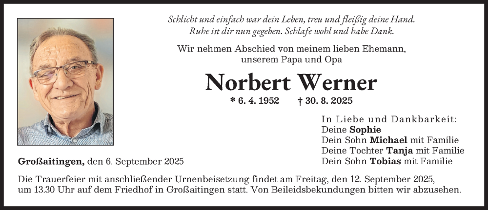 Traueranzeige von Norbert Werner von Schwabmünchner Allgemeine