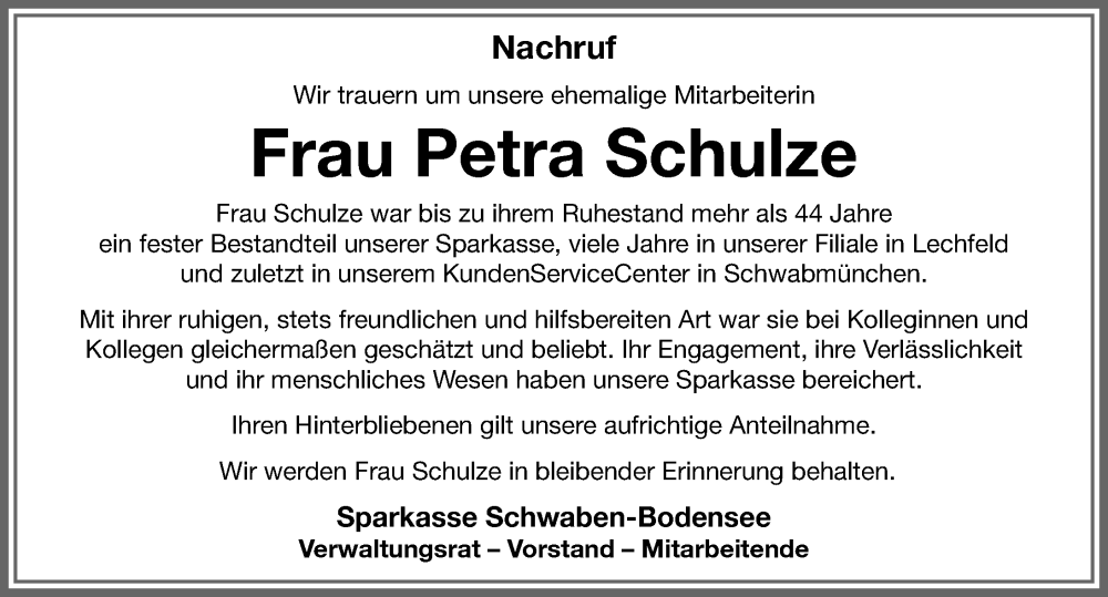 Traueranzeige von Petra Schulze von Schwabmünchner Allgemeine