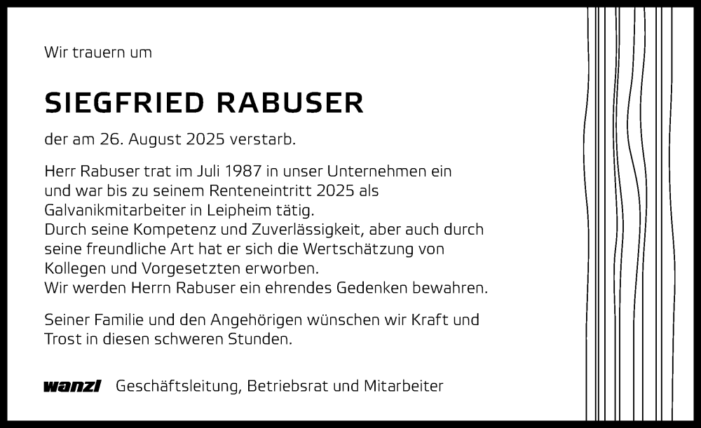 Traueranzeige von Siegfried Rabuser von Günzburger Zeitung
