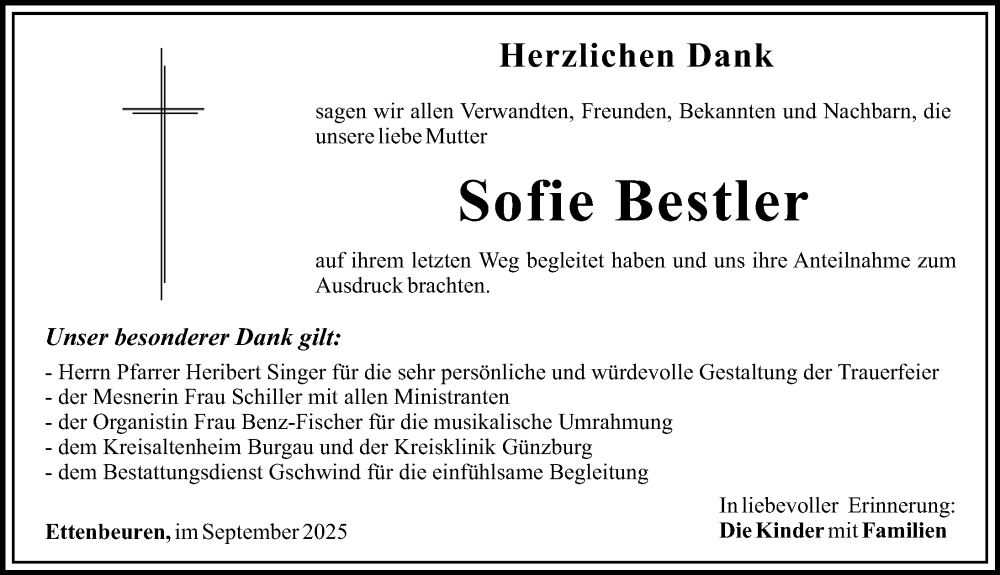 Traueranzeige von Sofie Bestler von Günzburger Zeitung