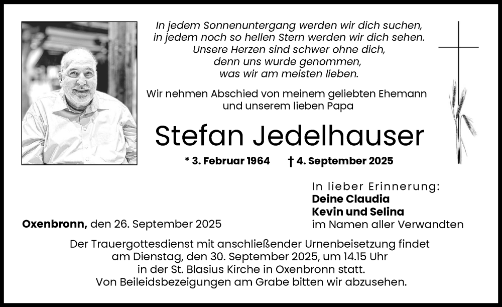 Traueranzeige von Stefan Jedelhauser von Günzburger Zeitung