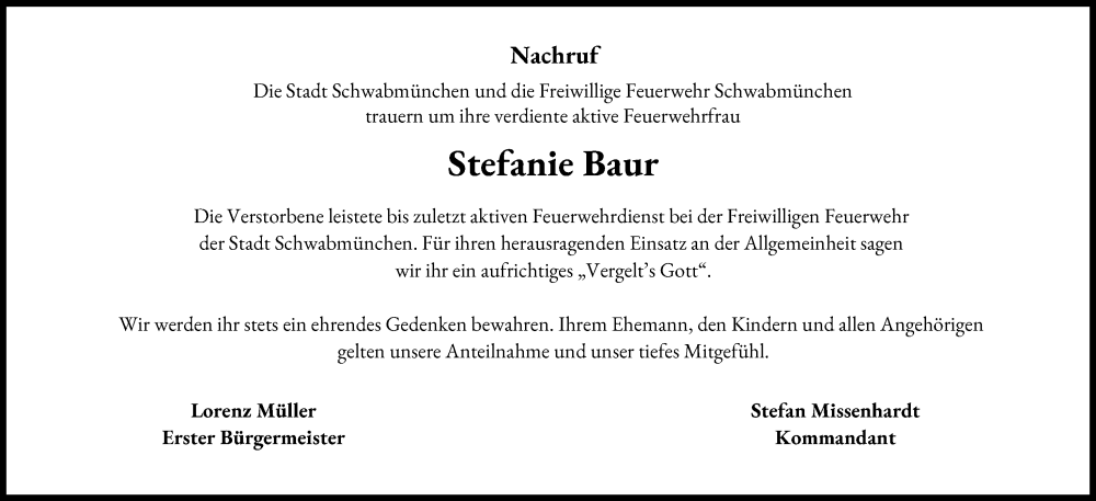 Traueranzeige von Stefanie Baur von Schwabmünchner Allgemeine