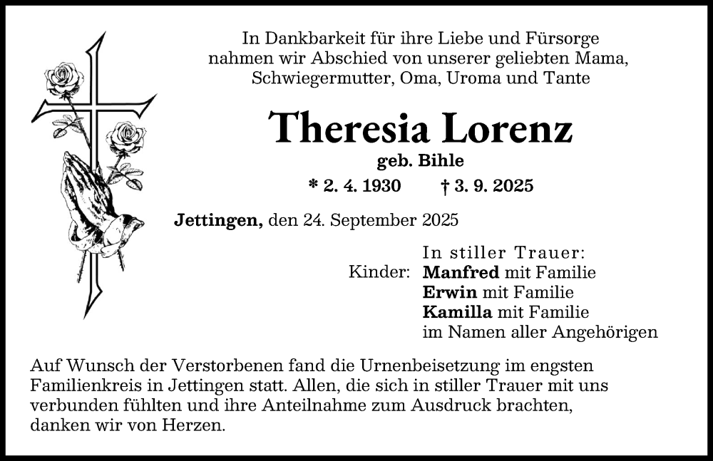 Traueranzeige von Theresia Lorenz von Günzburger Zeitung