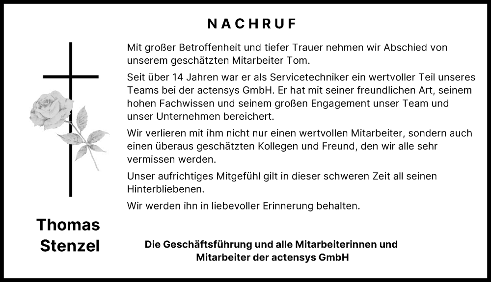 Traueranzeige von Thomas Stenzel von Mittelschwäbische Nachrichten, Günzburger Zeitung