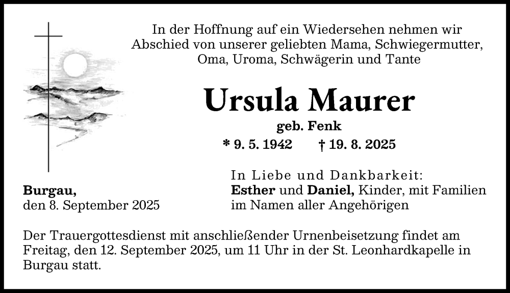 Traueranzeige von Ursula Maurer von Günzburger Zeitung