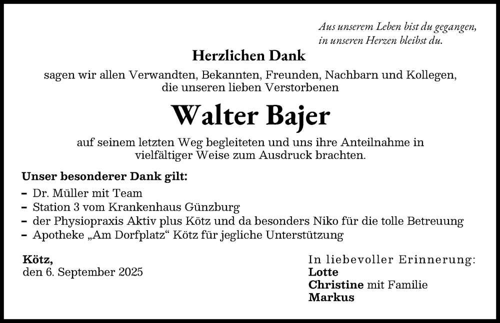 Traueranzeige von Walter Bajer von Günzburger Zeitung