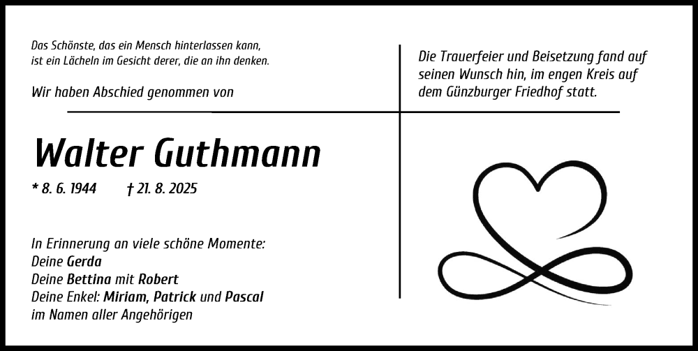 Traueranzeige von Walter Guthmann von Günzburger Zeitung