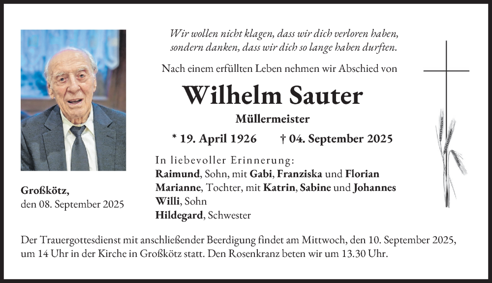 Traueranzeige von Wilhelm Sauter von Günzburger Zeitung
