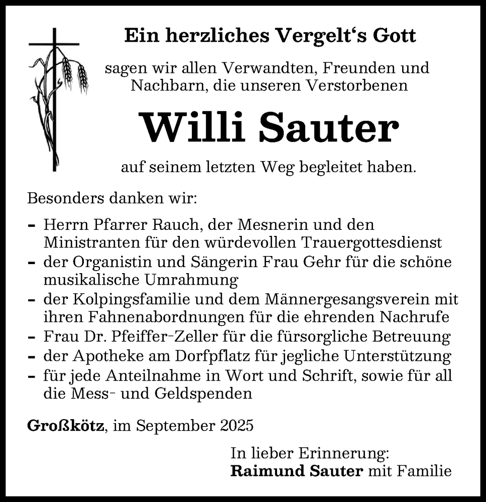 Traueranzeige von Willi Sauter von Günzburger Zeitung