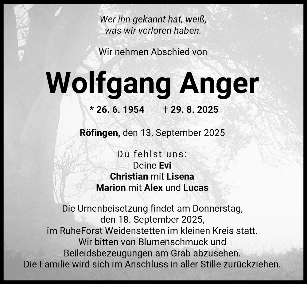 Traueranzeige von Wolfgang Anger von Günzburger Zeitung