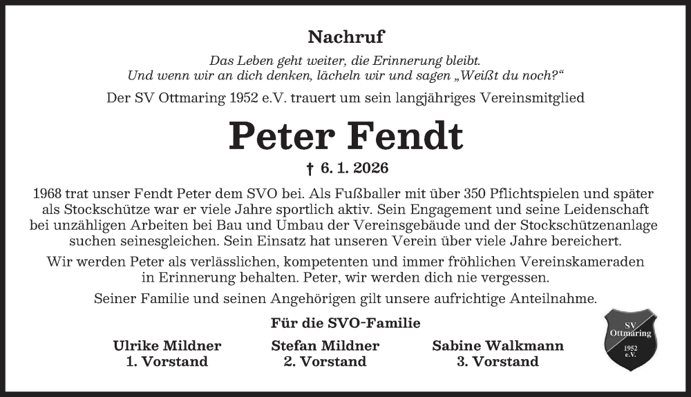  Traueranzeige für Peter Fendt vom 17.01.2026 aus Friedberger Allgemeine