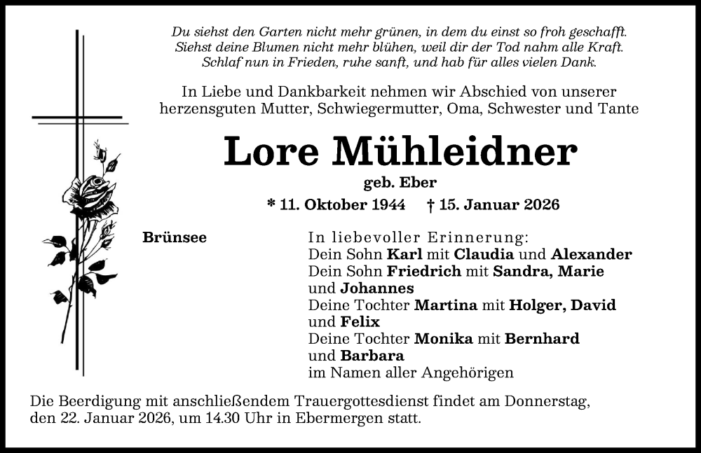  Traueranzeige für Lore Mühleidner vom 19.01.2026 aus Donauwörther Zeitung