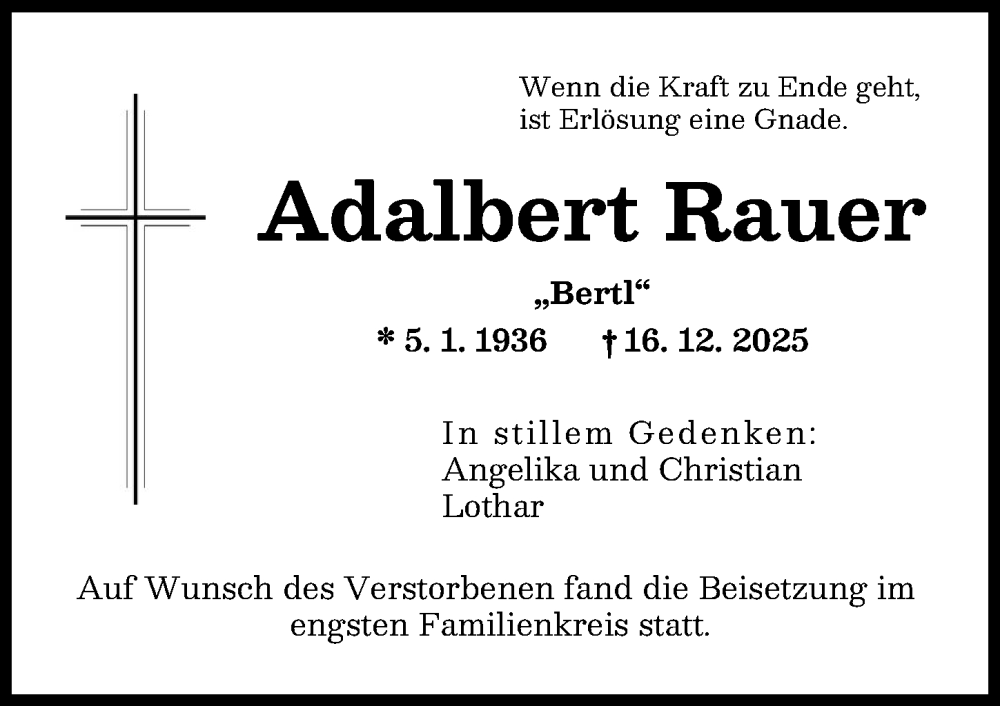  Traueranzeige für Adalbert Rauer vom 03.01.2026 aus Friedberger Allgemeine