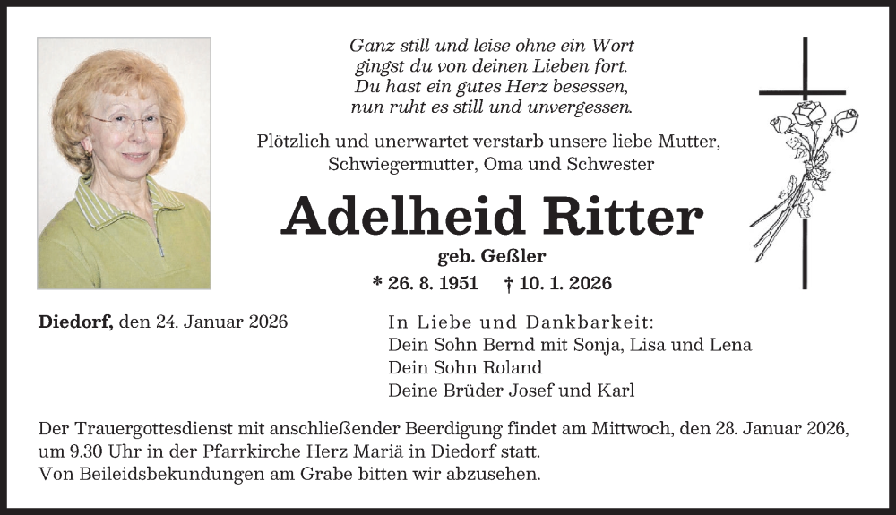  Traueranzeige für Adelheid Ritter vom 24.01.2026 aus Augsburger Allgemeine