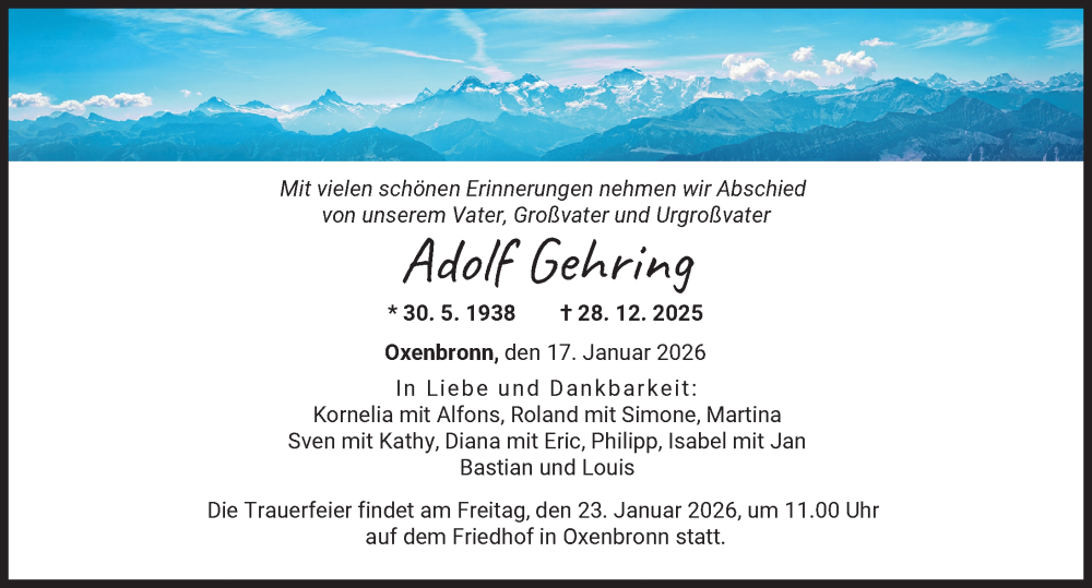  Traueranzeige für Adolf Gehring vom 17.01.2026 aus Günzburger Zeitung
