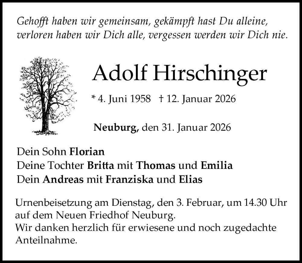  Traueranzeige für Adolf Hirschinger vom 31.01.2026 aus Neuburger Rundschau