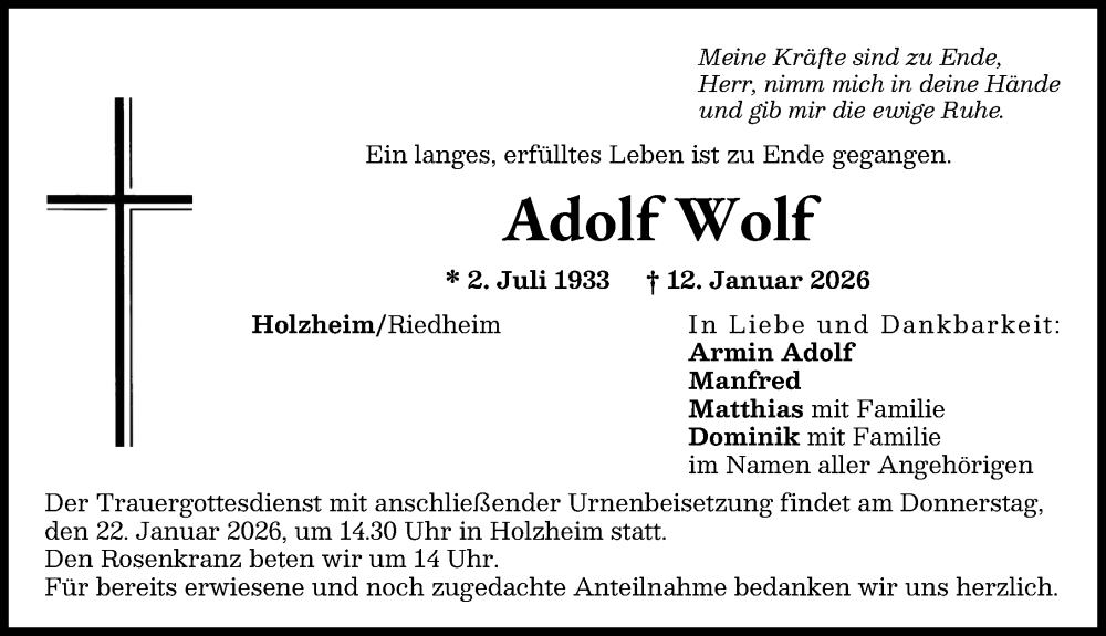  Traueranzeige für Adolf Wolf vom 17.01.2026 aus Donauwörther Zeitung