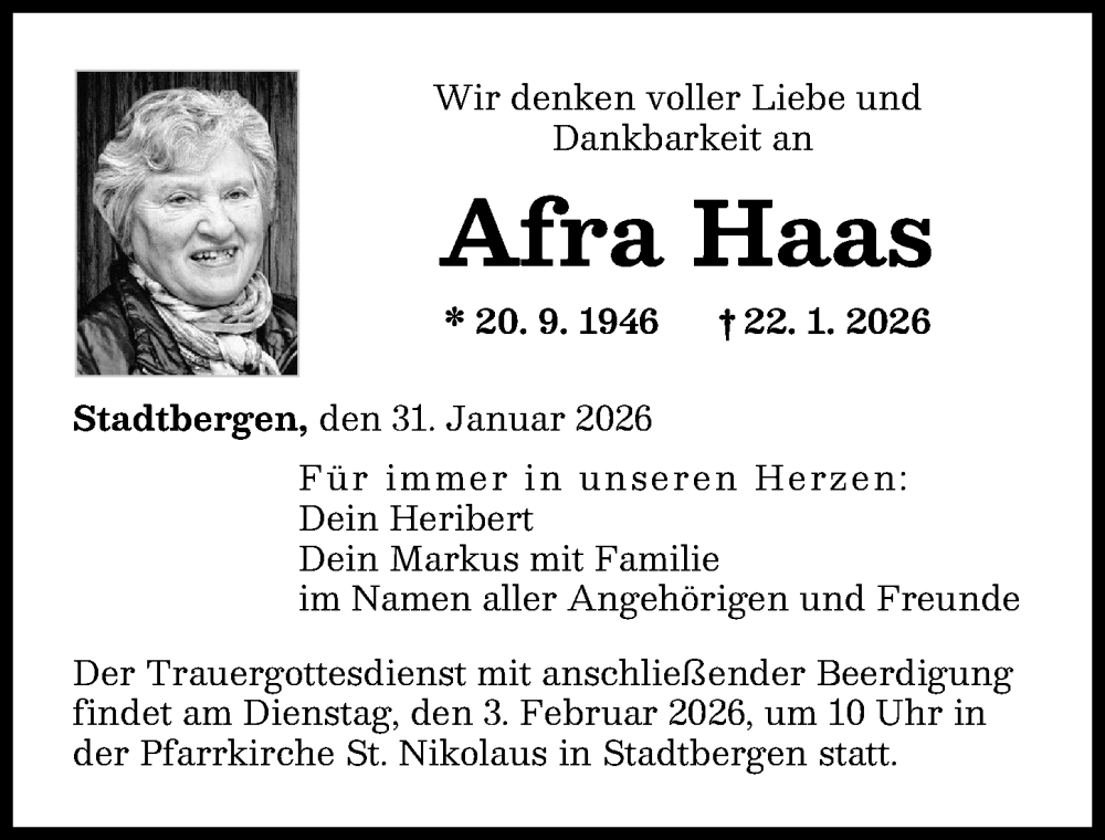  Traueranzeige für Afra Haas vom 31.01.2026 aus Augsburger Allgemeine