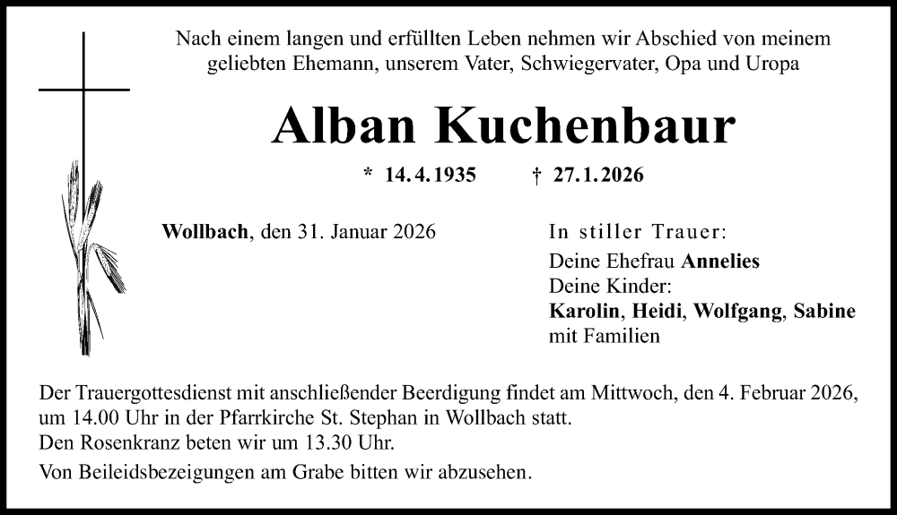  Traueranzeige für Alban Kuchenbaur vom 31.01.2026 aus Augsburg-Land