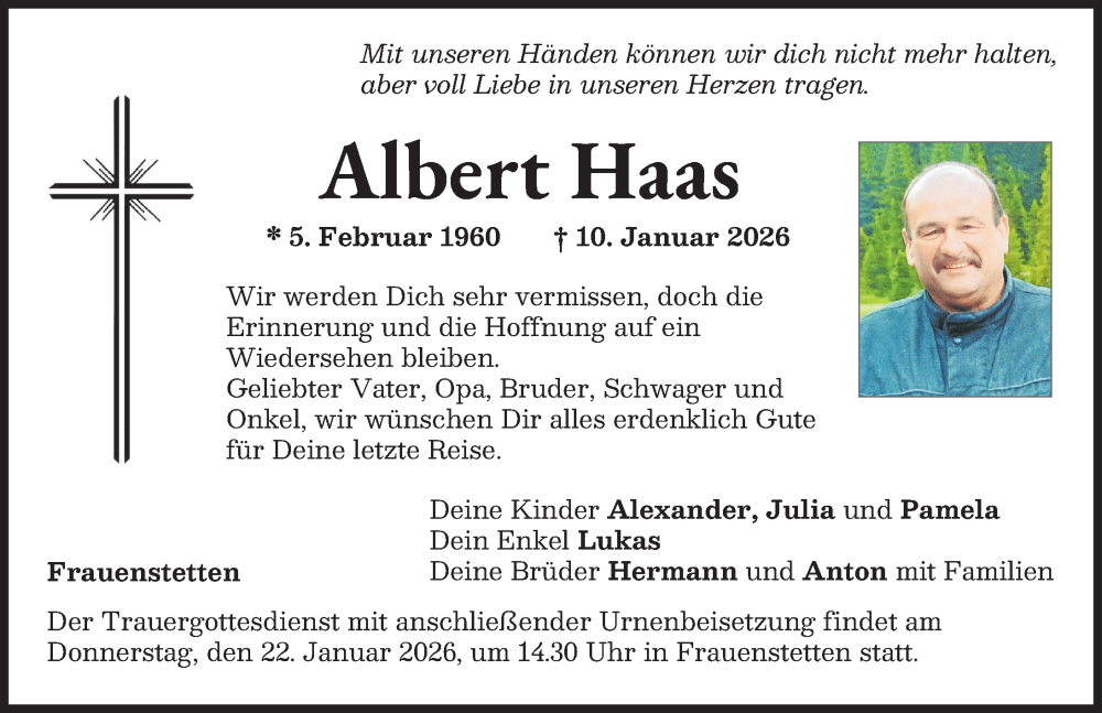  Traueranzeige für Albert Haas vom 17.01.2026 aus Wertinger Zeitung