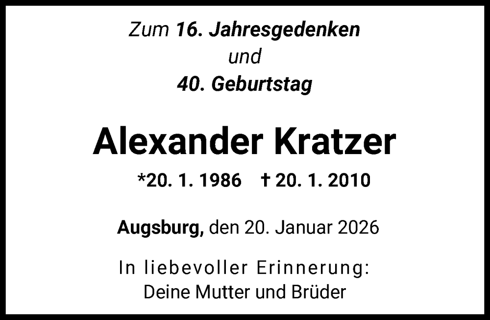  Traueranzeige für Alexander Kratzer vom 20.01.2026 aus Augsburger Allgemeine