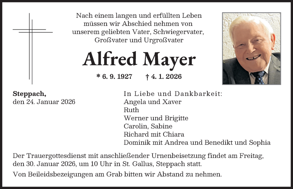  Traueranzeige für Alfred Mayer vom 24.01.2026 aus Augsburger Allgemeine