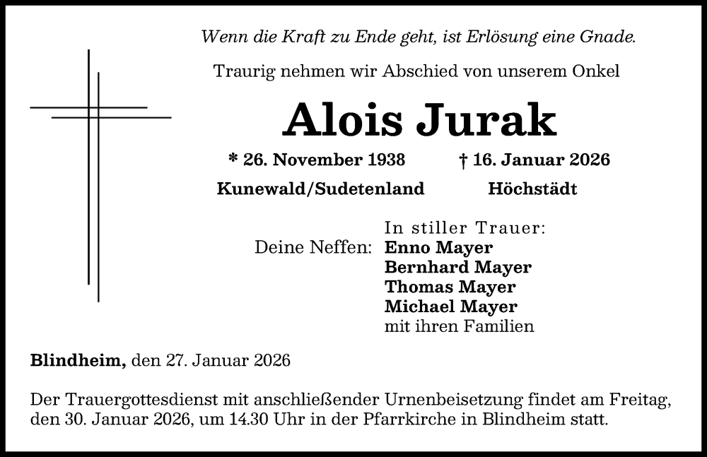  Traueranzeige für Alois Jurak vom 27.01.2026 aus Donau Zeitung