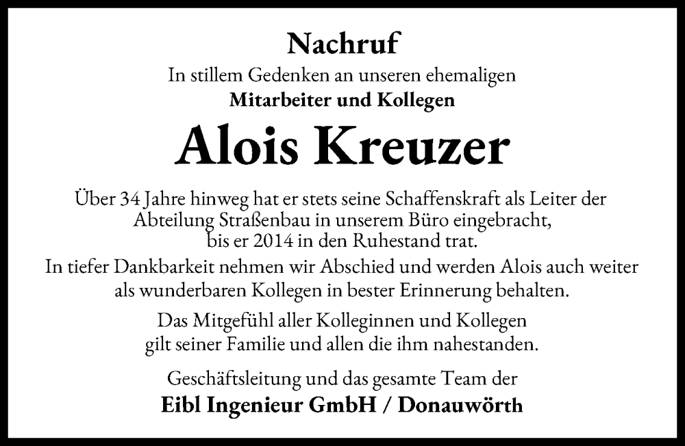  Traueranzeige für Alois Kreuzer vom 27.01.2026 aus Donauwörther Zeitung